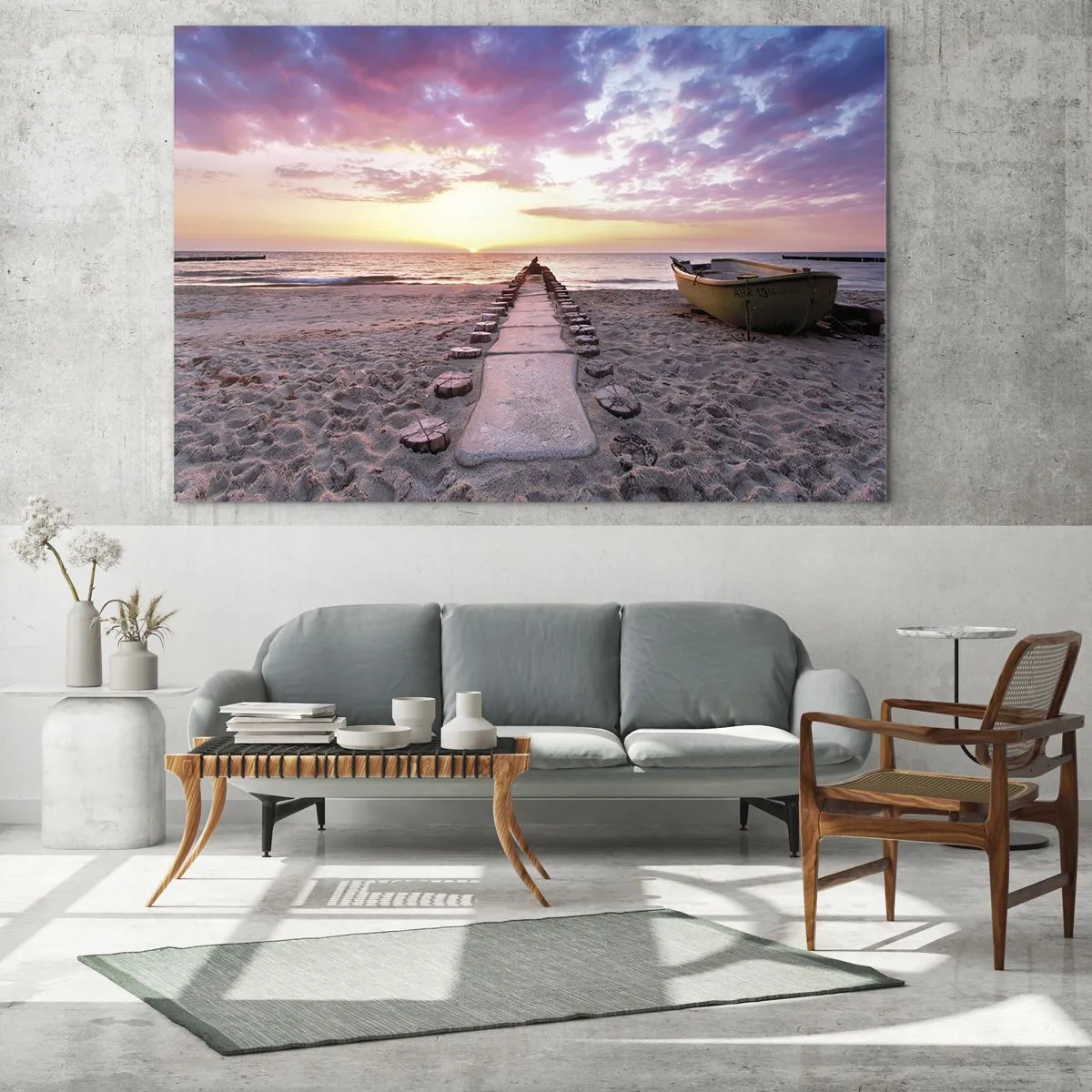 Obraz na skle - Pláž při západu slunce s lodí a molem - 70x50cm - Okamžik hlubokého prožitku - Moderní nástěnná dekorace do obývacího pokoje a ložnice ARTTOR
