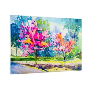 Obraz na skle - Duhová zahrada v jarním lesku - 100x70 cm