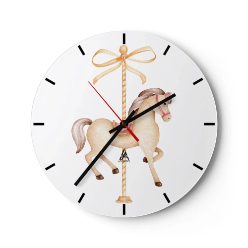 Nástěnné hodiny - Světle hnědý kolotočový kůň na pozadí s ozdobnou mašlí - 30x30cm - Elegantním klusem - Moderní nástěnná dekorace do obývacího pokoje, kuchyně a ložnice ARTTOR