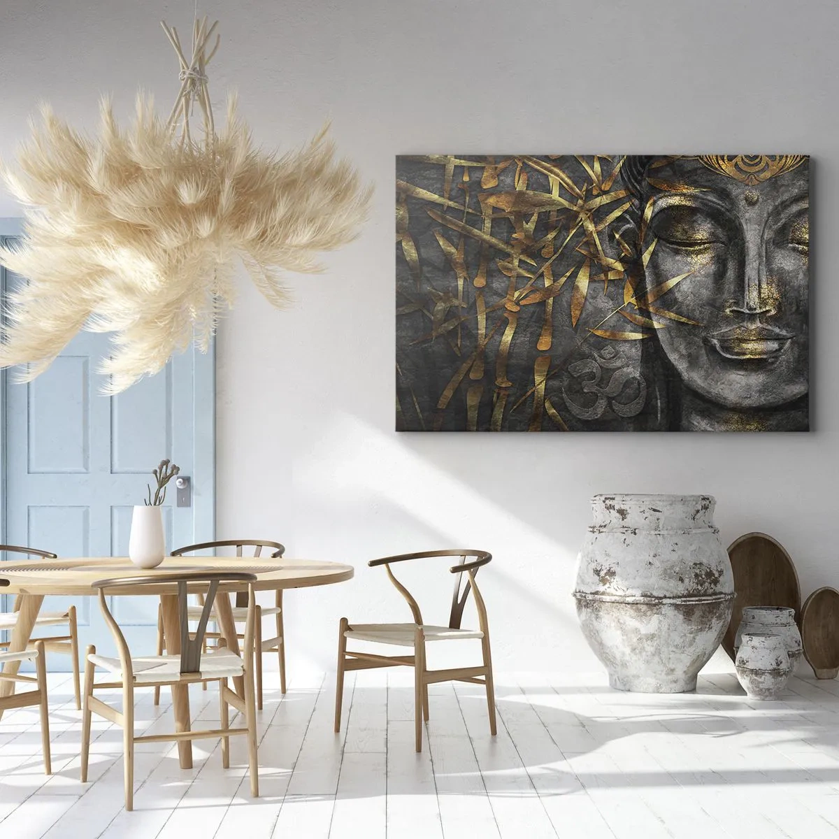 Obraz na plátně - Zen Buddha obraz se zlatými bambusy - 70x50cm - Pociťte klid - Moderní nástěnná dekorace do obývacího pokoje a ložnice ARTTOR
