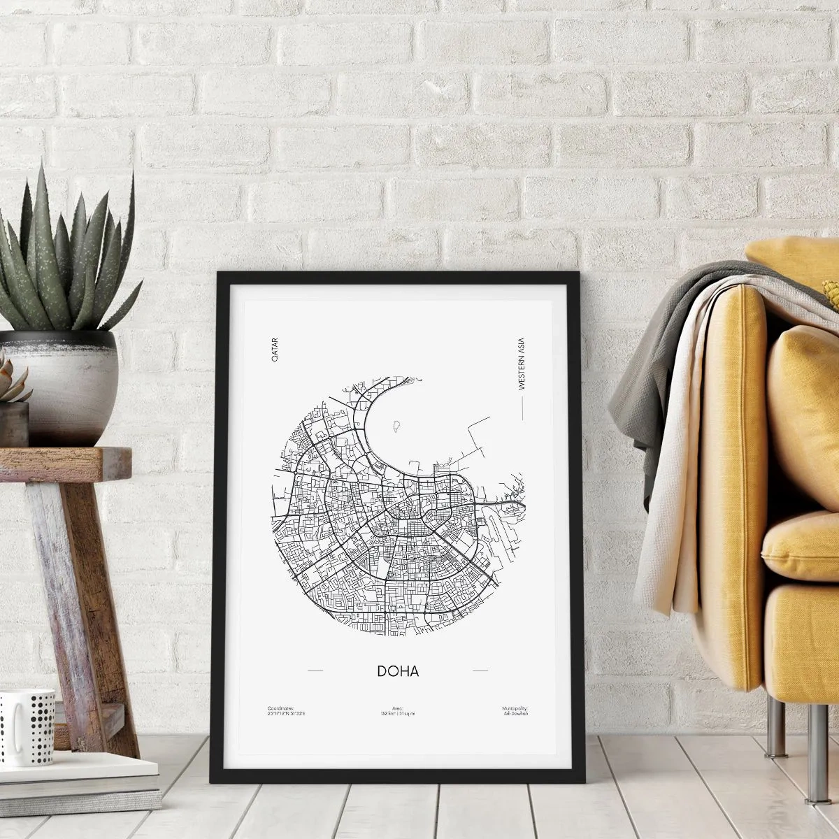 Plakát v černém rámu - Minimalistická černobílá mapa Dauhá - 50x70cm - Anatomie Dauhá - Moderní nástěnná dekorace do obývacího pokoje a ložnice ARTTOR