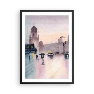 Plakát v černém rámu - Městská scéna se siluetami lidí a světly v dešťové mlze - 50x70cm - V deštivém oparu - Moderní nástěnná dekorace do obývacího pokoje a ložnice ARTTOR