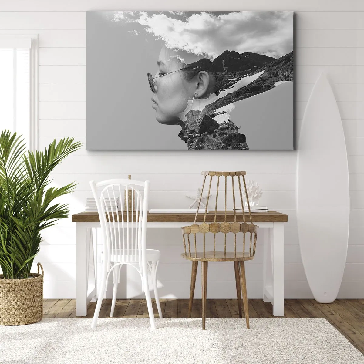 Obraz na plátně - Černobílá kompozice se siluetou ženy a horskou krajinou. - 70x50cm - Povznešen portrét v oblacích - Moderní nástěnná dekorace do obývacího pokoje a ložnice ARTTOR