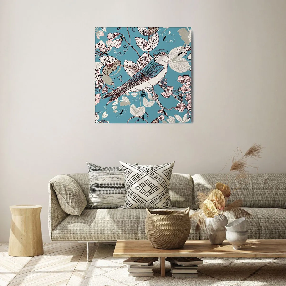 Nástěnné hodiny - Na bílém stromě ptáci a stříbrné listí - 40x40 cm