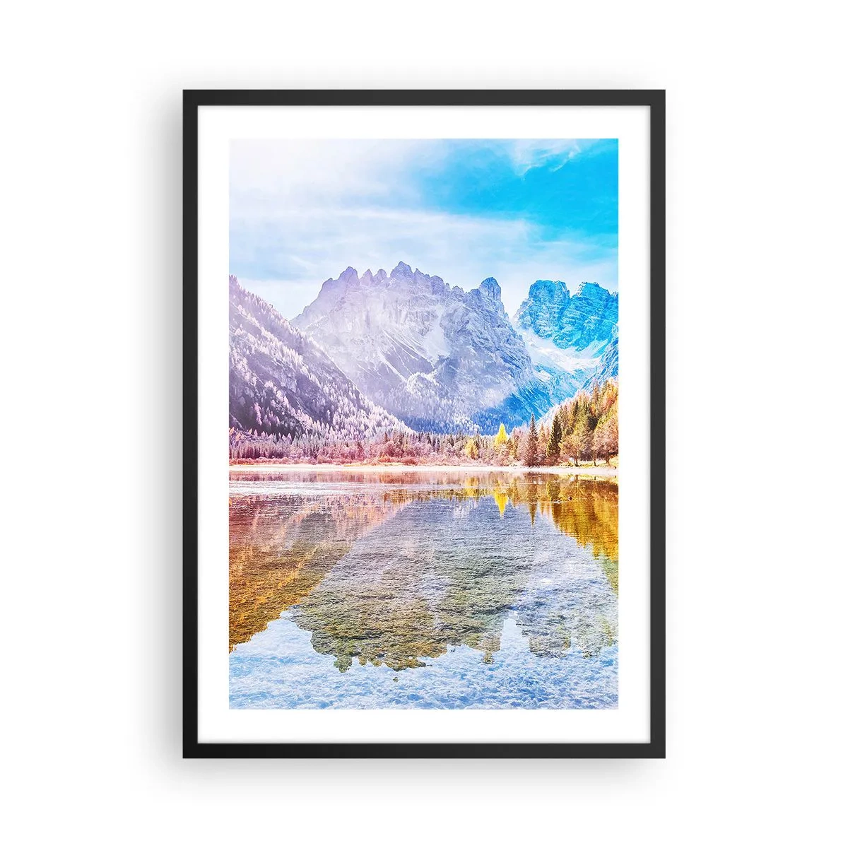 Plakát v černém rámu - Horská krajina s jezerem a podzimními barvami - 50x70cm - A v horách už je podzim - Moderní nástěnná dekorace do obývacího pokoje a ložnice ARTTOR