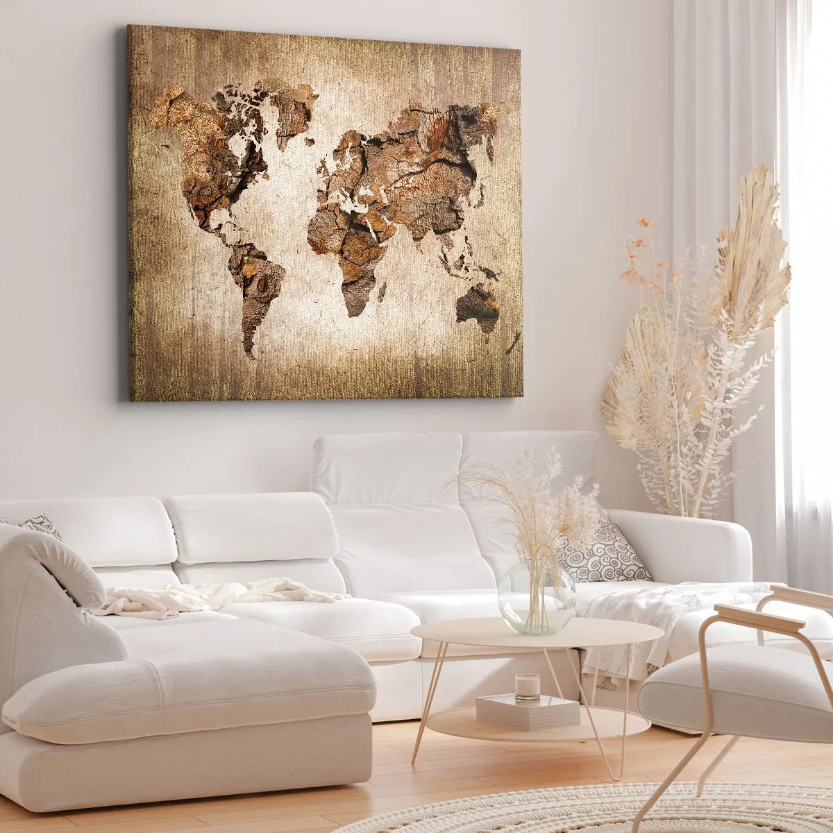 Obraz na plátně - Mapa světa v dřevěném, rustikálním stylu - 70x50cm - Objev světa - Moderní nástěnná dekorace do obývacího pokoje a ložnice ARTTOR