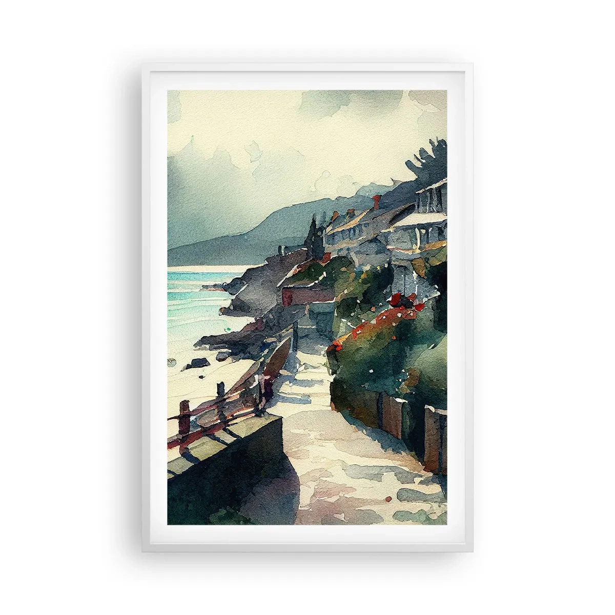 Plakát v bílém rámu - Středomořské městečko - 61x91 cm