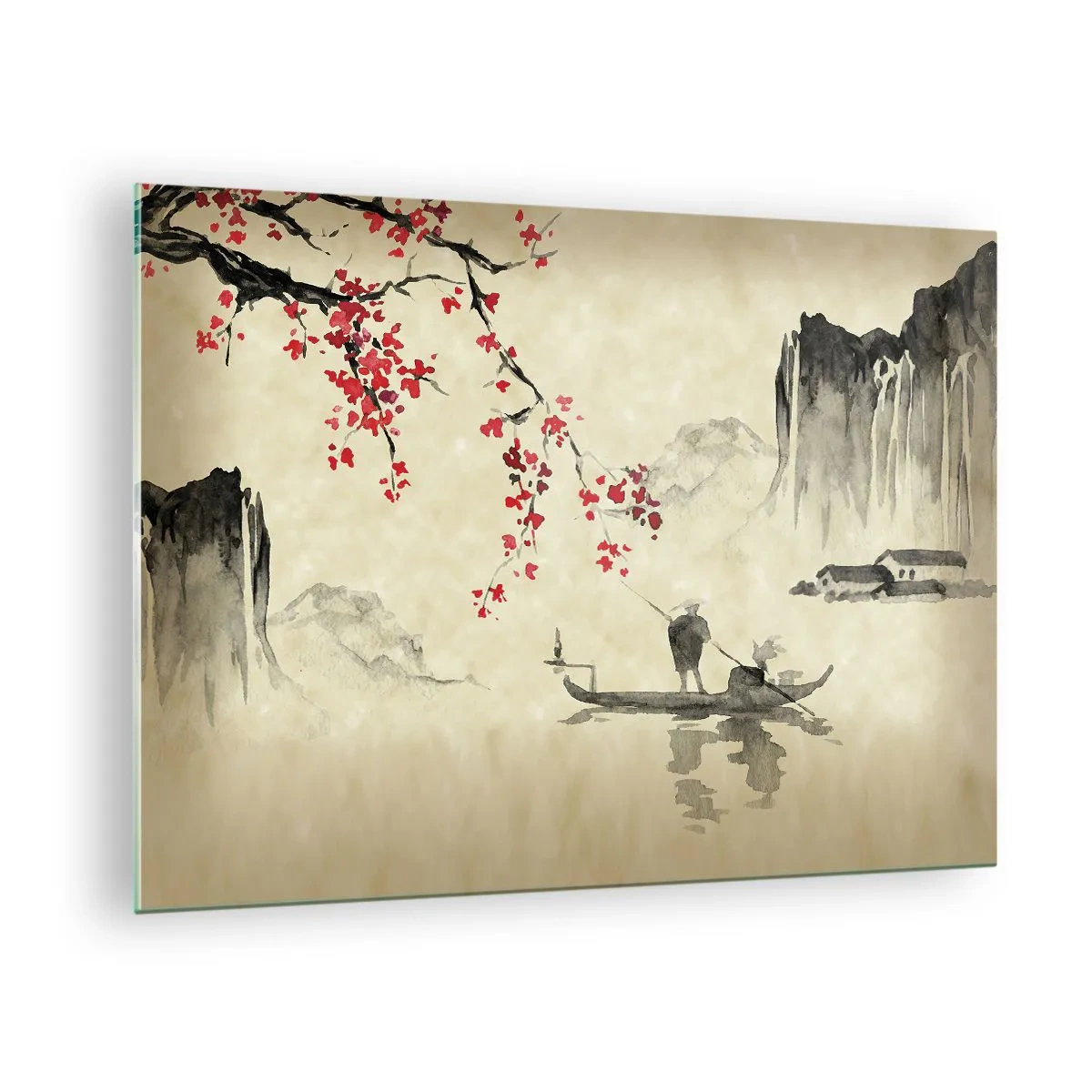 Obraz na skle - Orientální rybářská scéna s větví třešňového květu a horami - 70x50cm - V zemi kvetoucích třešní - Moderní nástěnná dekorace do obývacího pokoje a ložnice ARTTOR