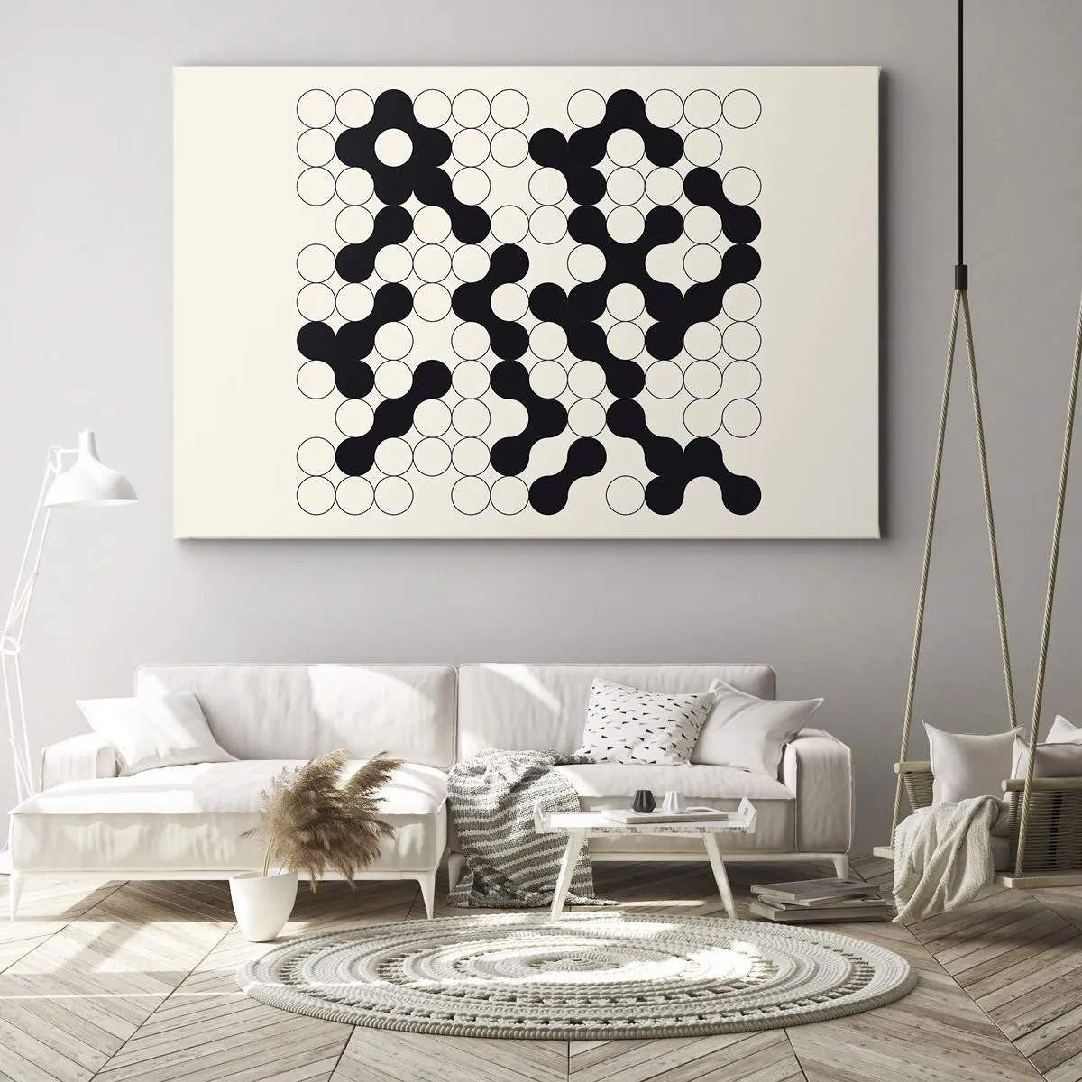 Obraz na plátně - Černobílé vzory s kruhy na světlém pozadí - 70x50cm - Čínská hra – variace - Moderní nástěnná dekorace do obývacího pokoje a ložnice ARTTOR