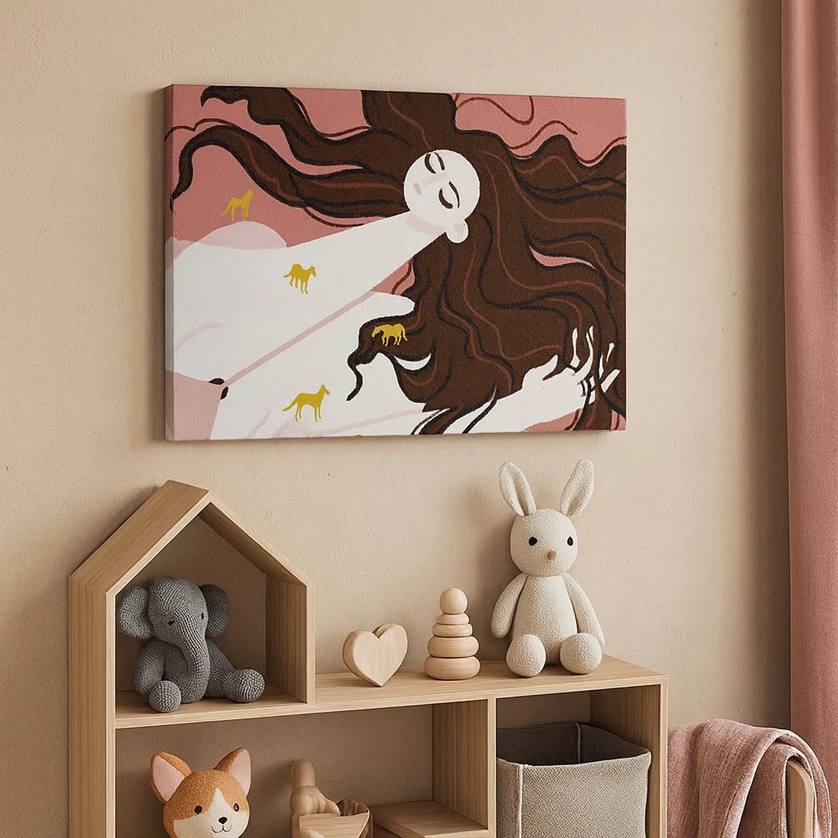 Obraz na plátně - Postava se zavřenýma očima obklopená zlatými koňmi - 70x50cm - Sen o zlatém koni - Moderní nástěnná dekorace do obývacího pokoje a ložnice ARTTOR