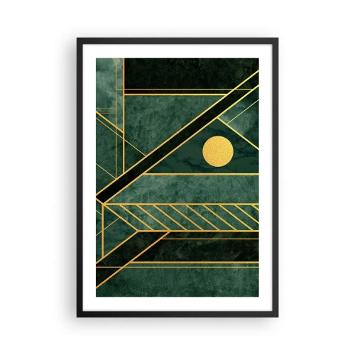 Plakát v černém rámu - Geometrická abstrakce v zelené barvě se zlatými akcenty - 50x70cm - Dynamika zlata a lazuritu - Moderní nástěnná dekorace do obývacího pokoje a ložnice ARTTOR