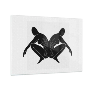 Obraz na skle - Černé postavy tvořící symetrické srdce na bílém pozadí - 70x50cm - Společná duše - Moderní nástěnná dekorace do obývacího pokoje a ložnice ARTTOR