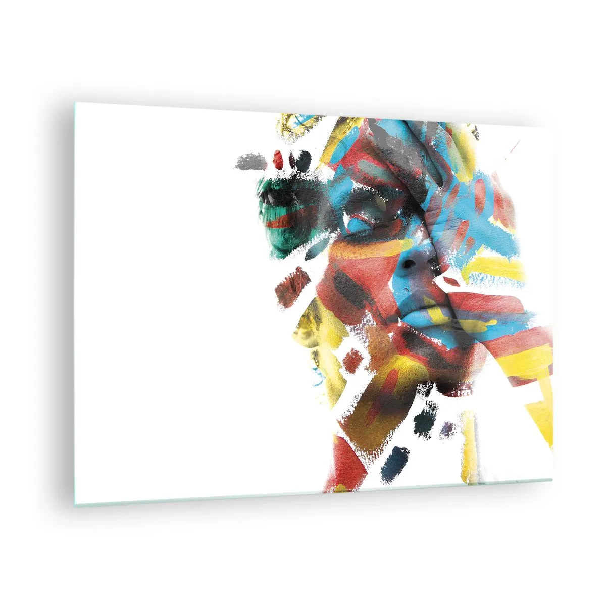 Obraz na skle - Portrét s abstraktními, barevnými akcenty na obličeji - 70x50cm - Pestrá osobnost - Moderní nástěnná dekorace do obývacího pokoje a ložnice ARTTOR