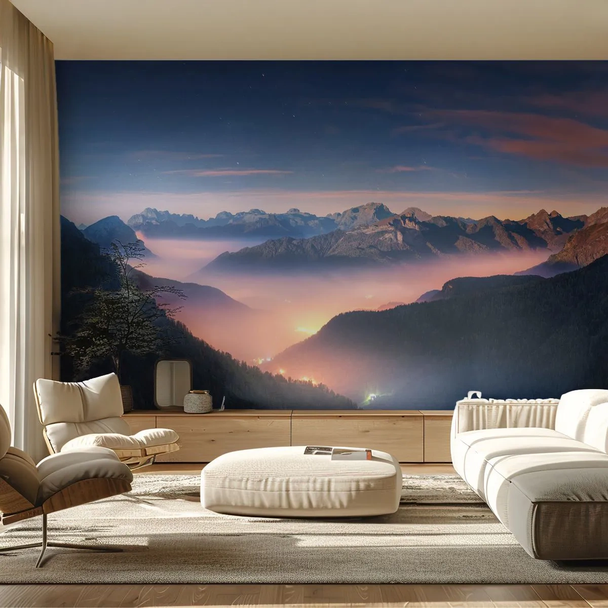 Fototapeta Standard Eco - Horská krajina za soumraku s údolími osvětlenými světlem - 100x70cm - Světlo v údolích - Moderní nástěnná dekorace do obývacího pokoje a ložnice ARTTOR