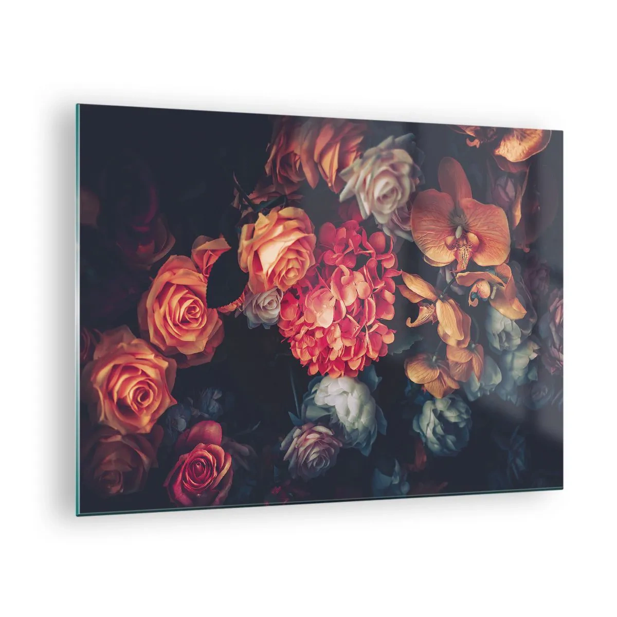 Obraz na skle - Tmavé květinové aranžmá s růžemi a orchidejemi - 70x50cm - Jako u holandských mistrů - Moderní nástěnná dekorace do obývacího pokoje a ložnice ARTTOR