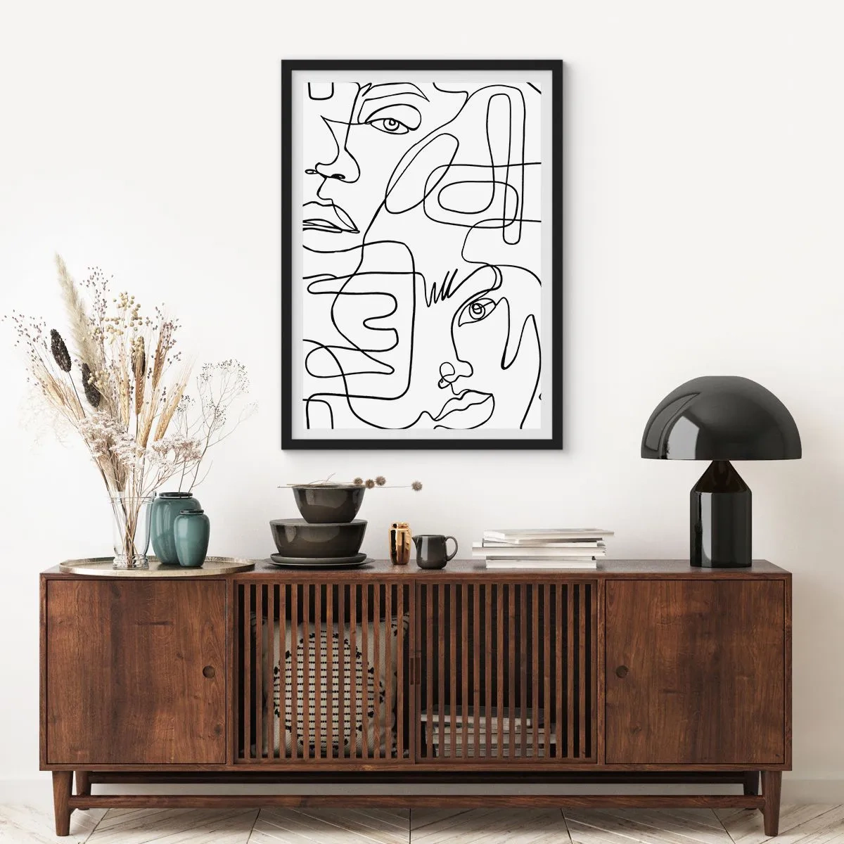 Plakát v černém rámu - Abstraktní obličeje nakreslené jednou čarou - 50x70cm - Ve spletených emocích - Moderní nástěnná dekorace do obývacího pokoje a ložnice ARTTOR