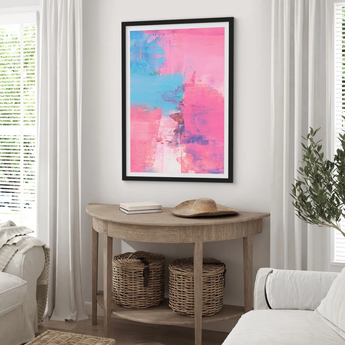 Plakát v černém rámu - Abstraktní kompozice v odstínech růžové a modré - 50x70cm - Růžová, modrá a špetka světla - Moderní nástěnná dekorace do obývacího pokoje a ložnice ARTTOR