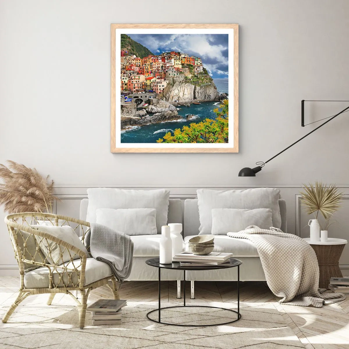 Plakát v rámu světlý dub - Hromádka přitulená ke skalám - 50x50 cm