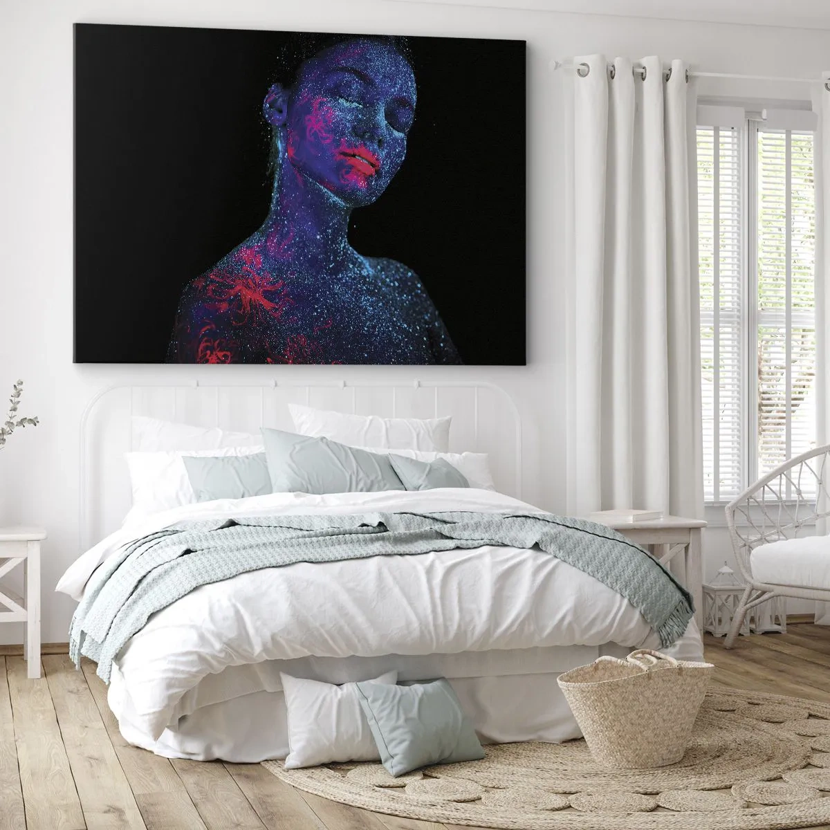 Obraz na plátně - Portrét ženy v neonových barvách na černém pozadí - 70x50cm - V hvězdném prachu - Moderní nástěnná dekorace do obývacího pokoje a ložnice ARTTOR