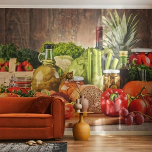 Fototapeta Standard Eco - Čerstvá zelenina, ovoce a potravinářské výrobky na dřevěném pozadí - 100x70cm - Uzené, pečené, marinované - Moderní nástěnná dekorace do obývacího pokoje a ložnice ARTTOR