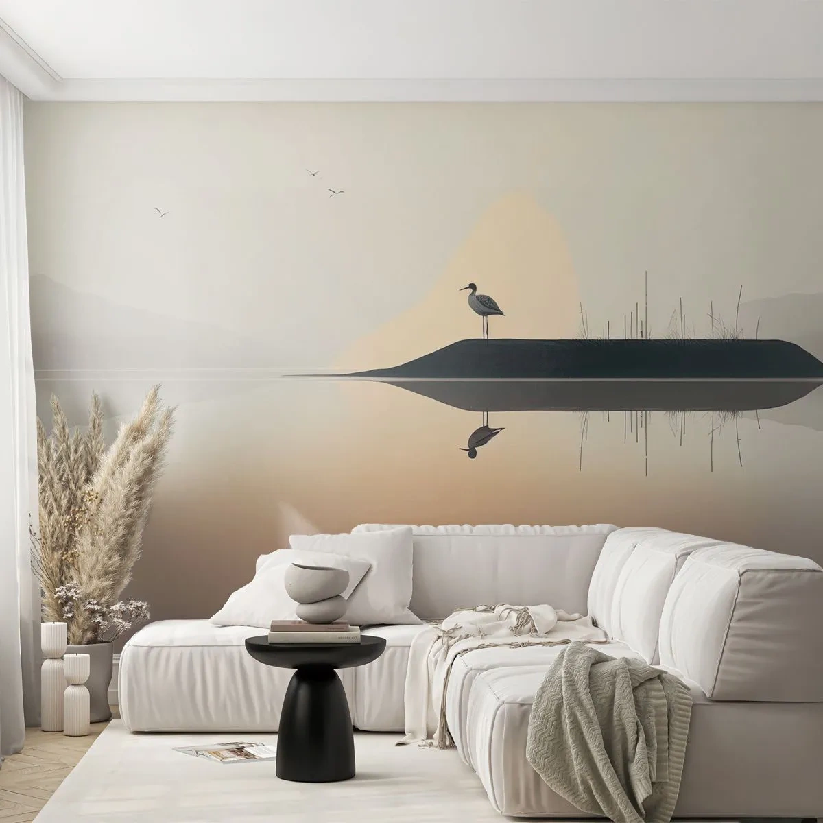Fototapeta Samolepicí Deluxe Sticker - Pán na jezeře - Pták, Krajina, Minimalismus - 150x105 cm