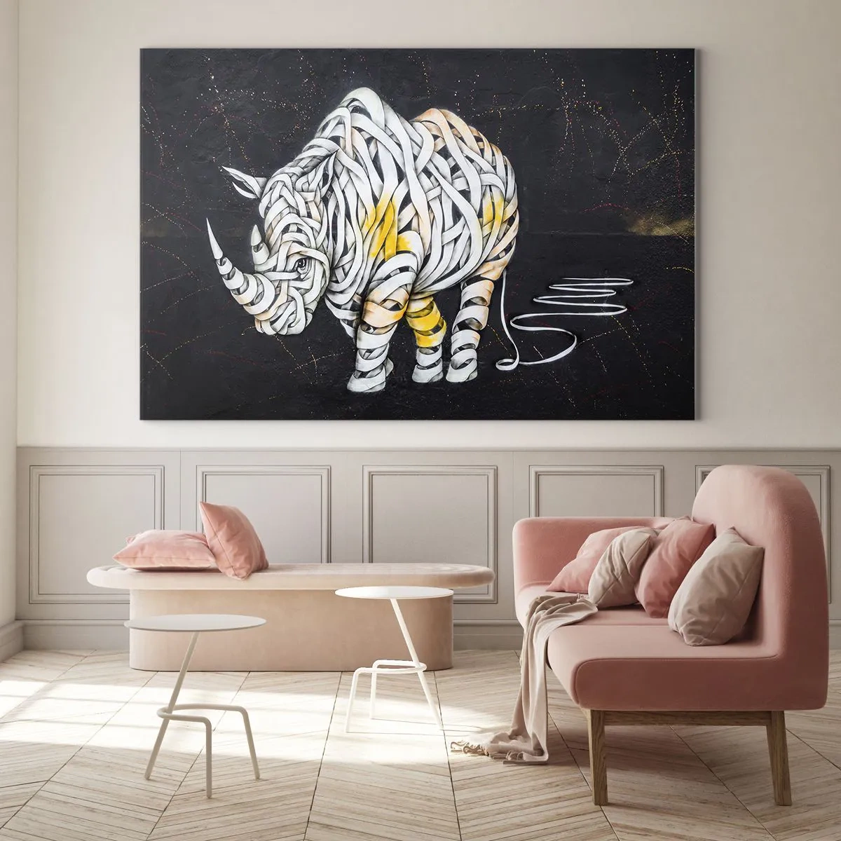 Obraz na skle - Abstraktní kresba nosorožce v podobě pruhů - 70x50cm - Necitelnost je mýtus - Moderní nástěnná dekorace do obývacího pokoje a ložnice ARTTOR
