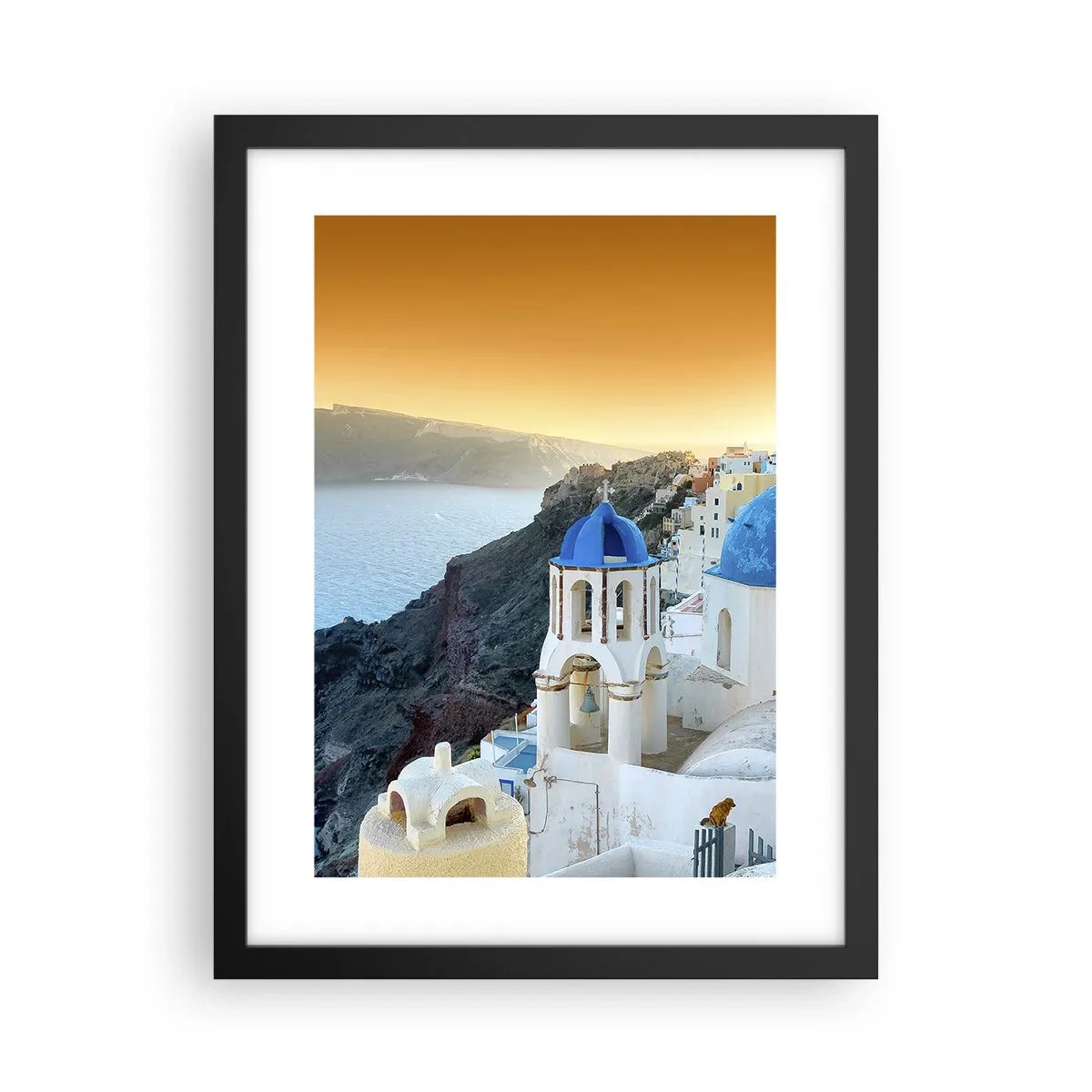 Plakát v černém rámu - Santorini - přitulené ke skalám - 30x40 cm