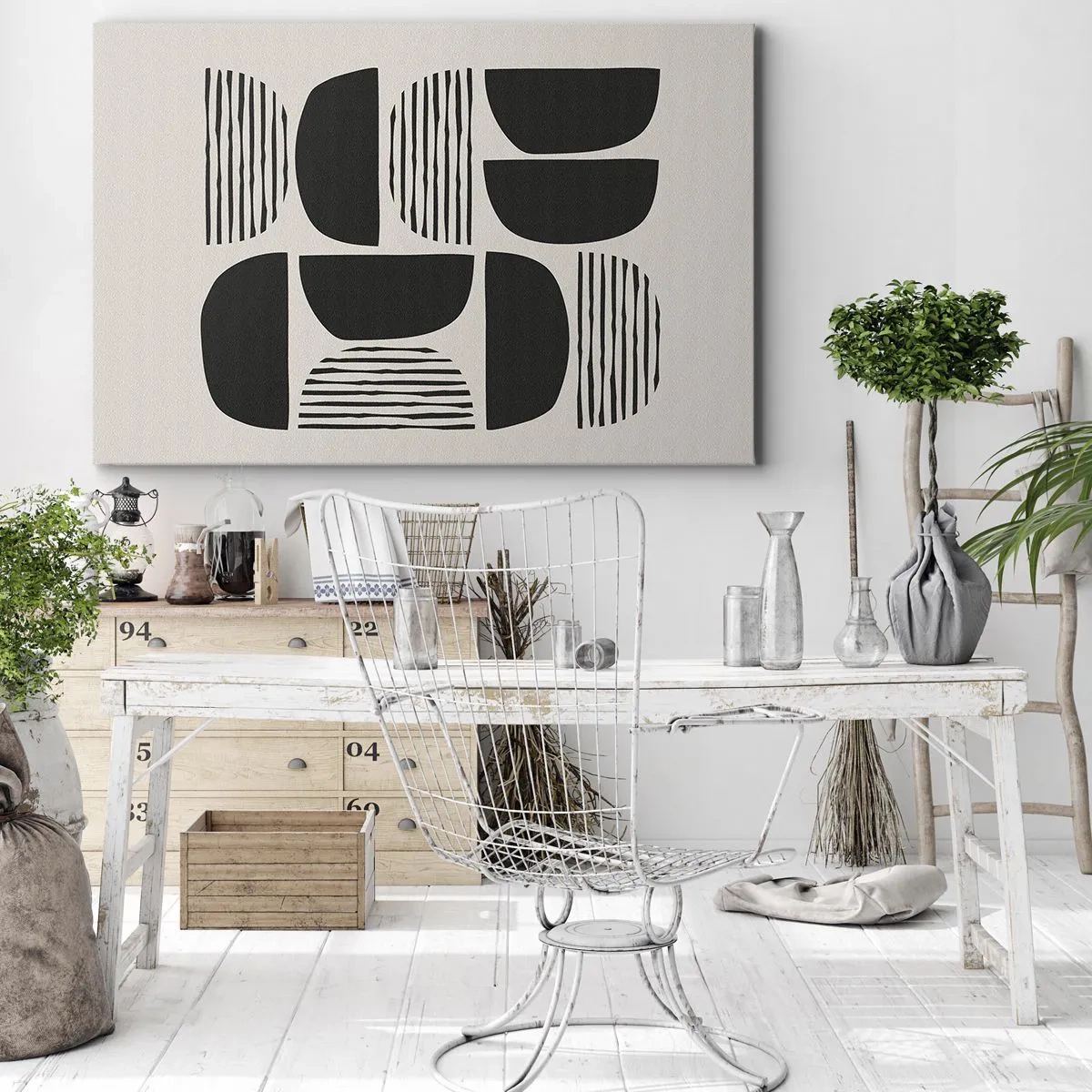 Obraz na plátně - Geometrie s půlkruhy a čarami v černé barvě na světlém pozadí - 70x50cm - Polovičaté soustavy - Moderní nástěnná dekorace do obývacího pokoje a ložnice ARTTOR