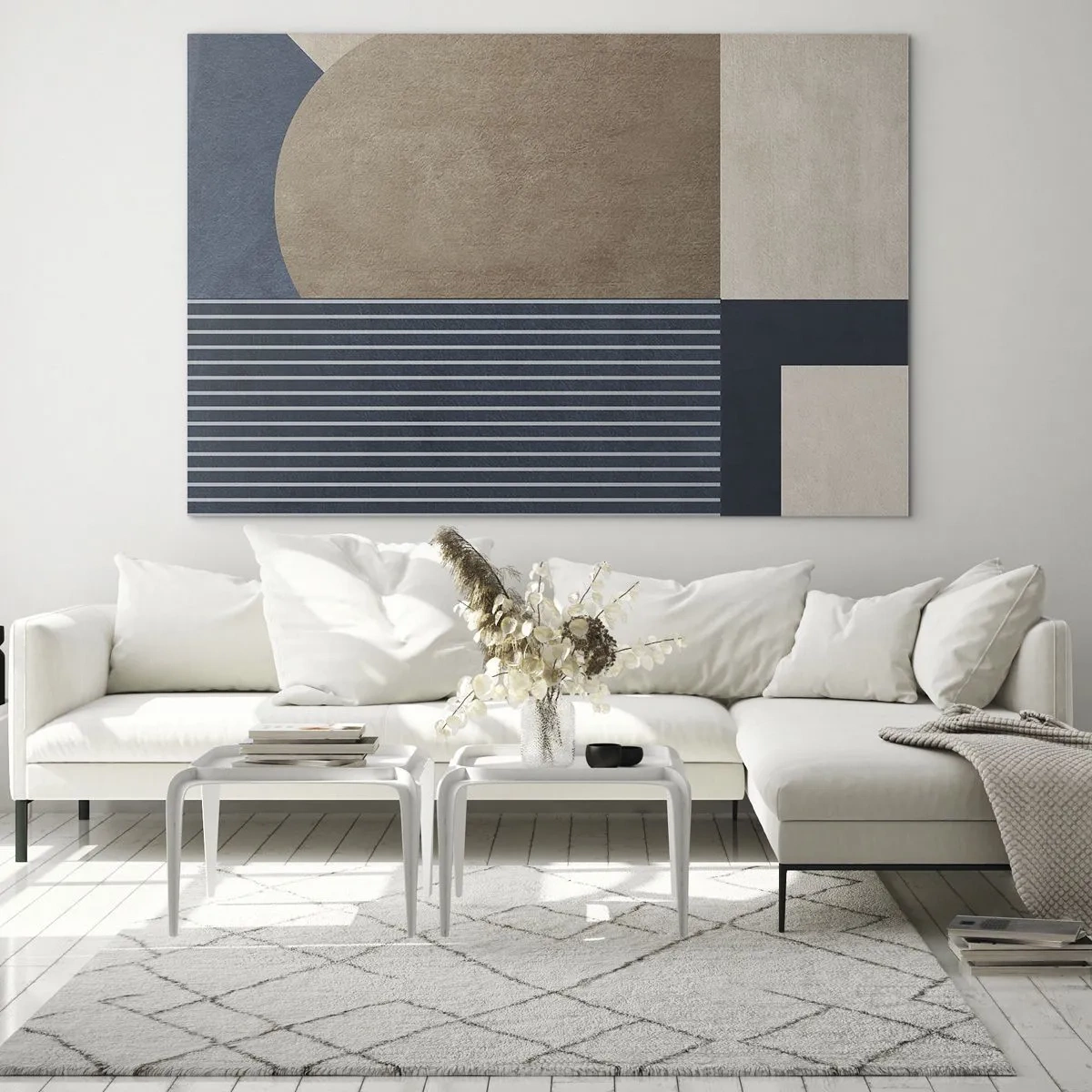 Obraz na skle - Minimalistický tvar s kruhem a čarami v béžové barvě - 70x50cm - Kompozice jednoduchosti a kulatosti - Moderní nástěnná dekorace do obývacího pokoje a ložnice ARTTOR