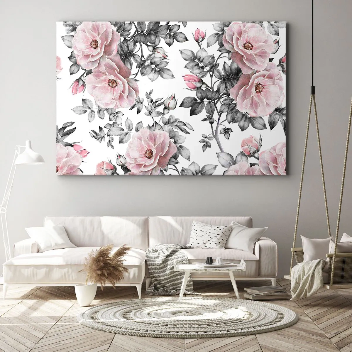 Obraz na plátně - Růžové růže a listy na jemném černobílém pozadí - 70x50cm - Ztratit se v květinách růží - Moderní nástěnná dekorace do obývacího pokoje a ložnice ARTTOR