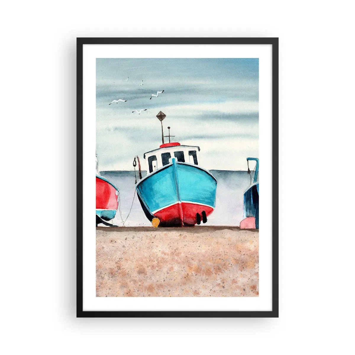 Plakát v černém rámu - Malebně modré rybářské lodě na břehu - 50x70cm - Připravené na úlovek - Moderní nástěnná dekorace do obývacího pokoje a ložnice ARTTOR