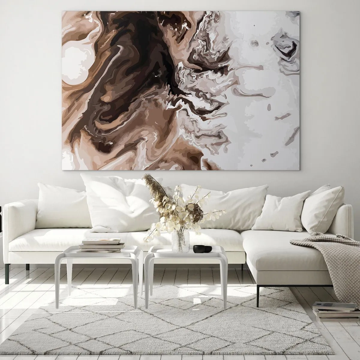 Obraz na skle - Abstraktní vzor v tmavých odstínech hnědé a bílé - 70x50cm - Kontrast barev - Moderní nástěnná dekorace do obývacího pokoje a ložnice ARTTOR