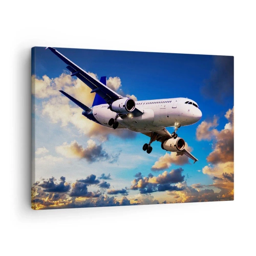 Obraz na plátně - Osobní letadlo proti mrakům při západu slunce - 70x50cm - Cestování v bílé a blankytné - Moderní nástěnná dekorace do obývacího pokoje a ložnice ARTTOR