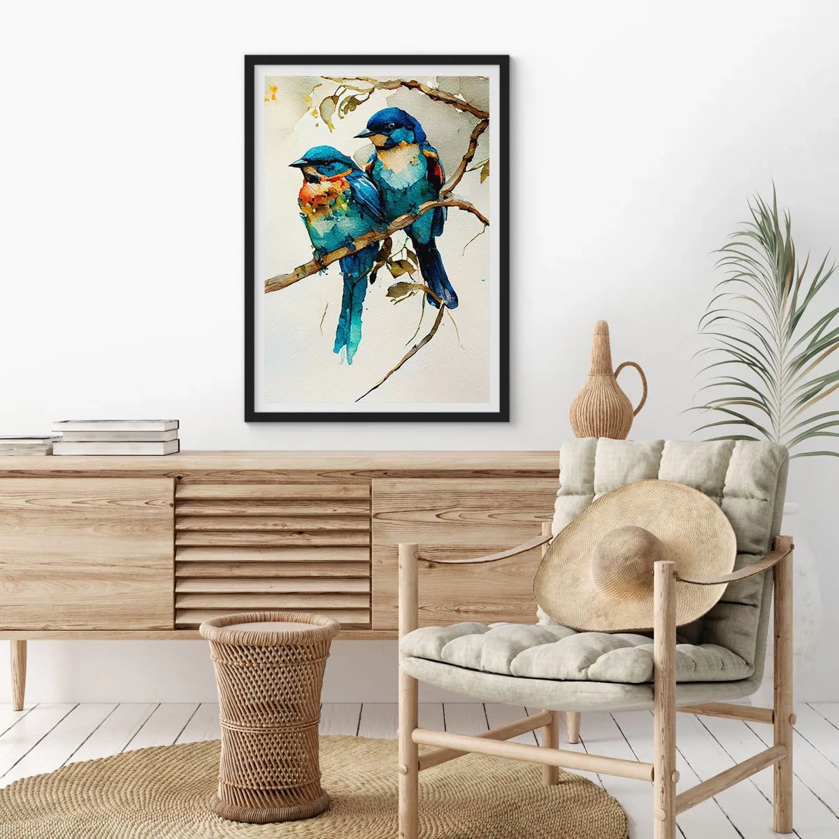 Plakát v černém rámu - Akvarelové ptáky na větvi v odstínech modré a hnědé - 50x70cm - Urazil se? - Moderní nástěnná dekorace do obývacího pokoje a ložnice ARTTOR