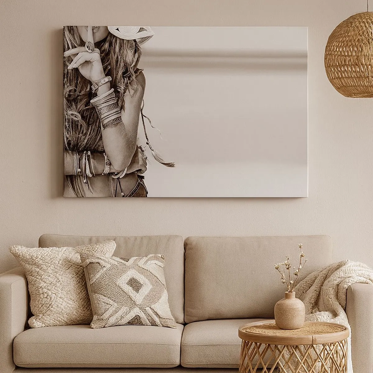 Obraz na plátně - Portrét boho ženy se šperky - 70x50cm - Jako dívka - Moderní nástěnná dekorace do obývacího pokoje a ložnice ARTTOR