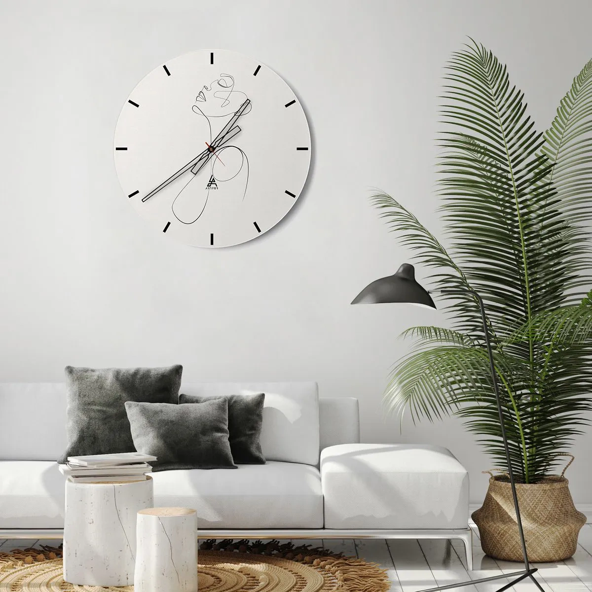 Nástěnné hodiny - Ženský profil s černou linkou na světlém pozadí - 30x30cm - Zamotaná ve snech - Moderní nástěnná dekorace do obývacího pokoje, kuchyně a ložnice ARTTOR