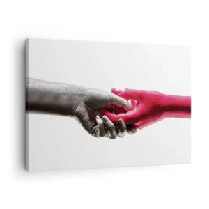 Obraz na plátně - Symbolické ruce ve stříbrné a červené barvě - 70x50cm - Spolu i když jsme odlišní - Moderní nástěnná dekorace do obývacího pokoje a ložnice ARTTOR