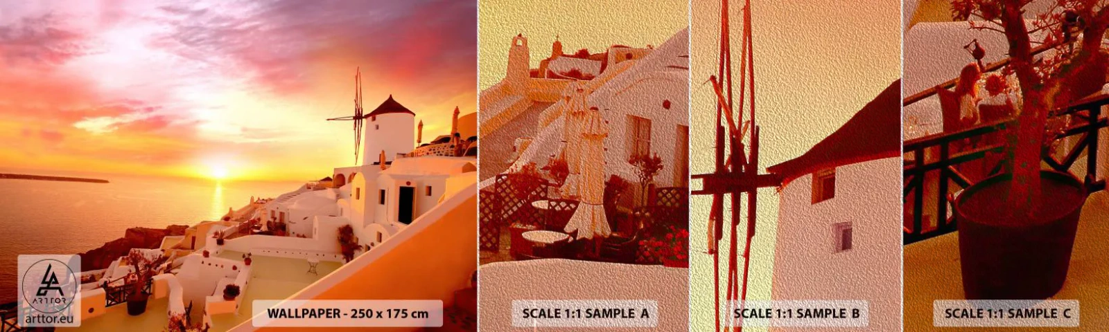 Vzor Fototapety Premium Sand - Rozplynout se v bílé a zlaté - Krajina, Santorini, Řecko - 100x30 cm