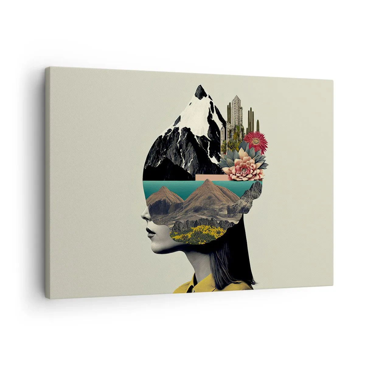 Obraz na plátně - Koláž ženy s horskou krajinou a květinami - 70x50cm - Žena – vždy tajemství - Moderní nástěnná dekorace do obývacího pokoje a ložnice ARTTOR