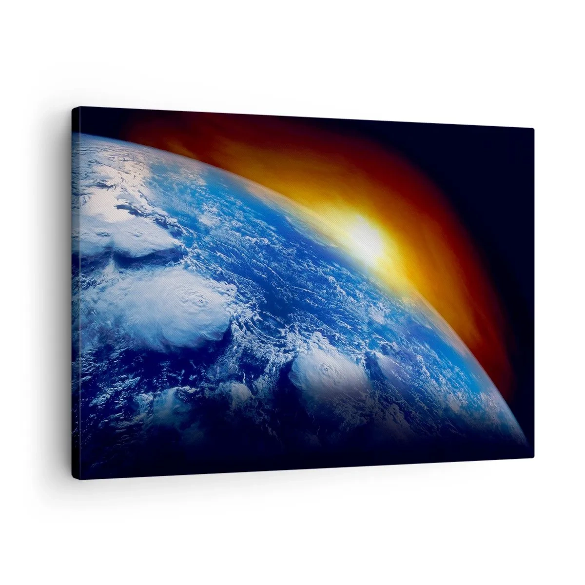 Obraz na plátně - Pohled na Zemi z vesmíru při západu slunce - 70x50cm - Východ slunce nad modrou planetou - Moderní nástěnná dekorace do obývacího pokoje a ložnice ARTTOR