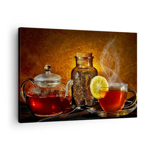 Obraz na plátně - Čaj ve skleněné konvici s citronem a sypaným čajem - 70x50cm - Ve stylu nizozemských mistrů - Moderní nástěnná dekorace do obývacího pokoje a ložnice ARTTOR