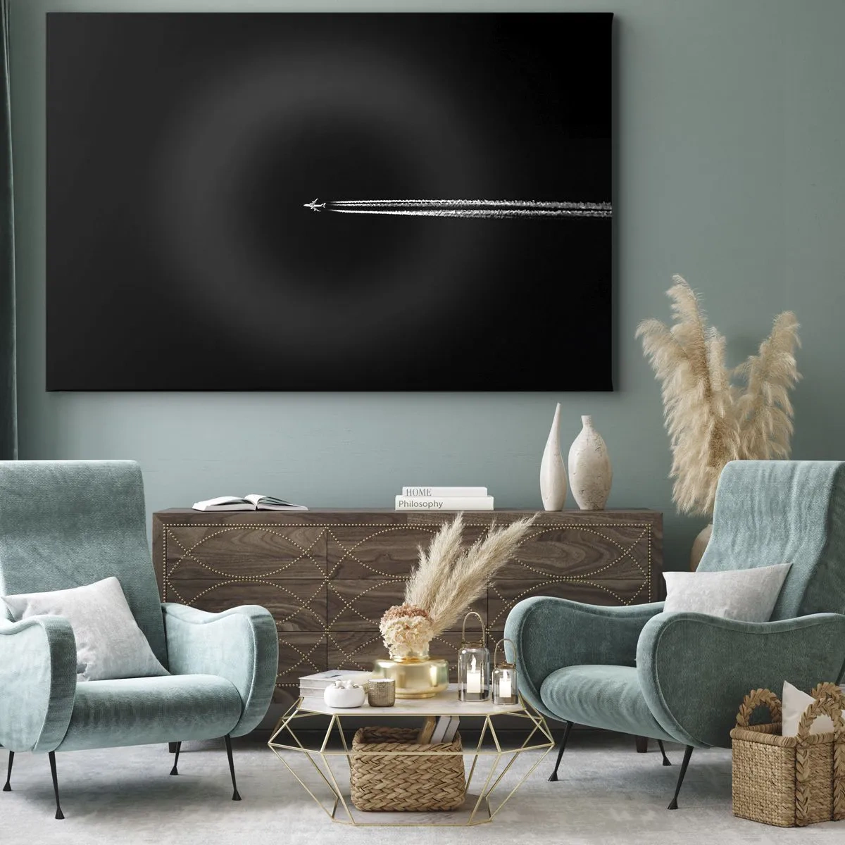 Obraz na plátně - Tryskové letadlo s viditelnou kondenzační stopou na černém pozadí - 70x50cm - Do jiné dimenze - Moderní nástěnná dekorace do obývacího pokoje a ložnice ARTTOR
