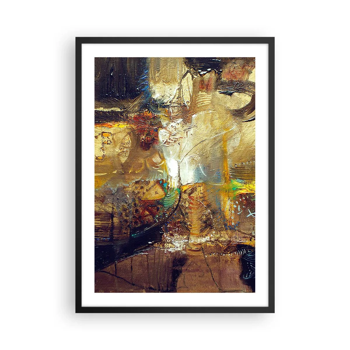 Plakát v černém rámu - Abstraktní kompozice v teplých, zlatých odstínech. - 50x70cm - Zima, tepleji, horko - Moderní nástěnná dekorace do obývacího pokoje a ložnice ARTTOR
