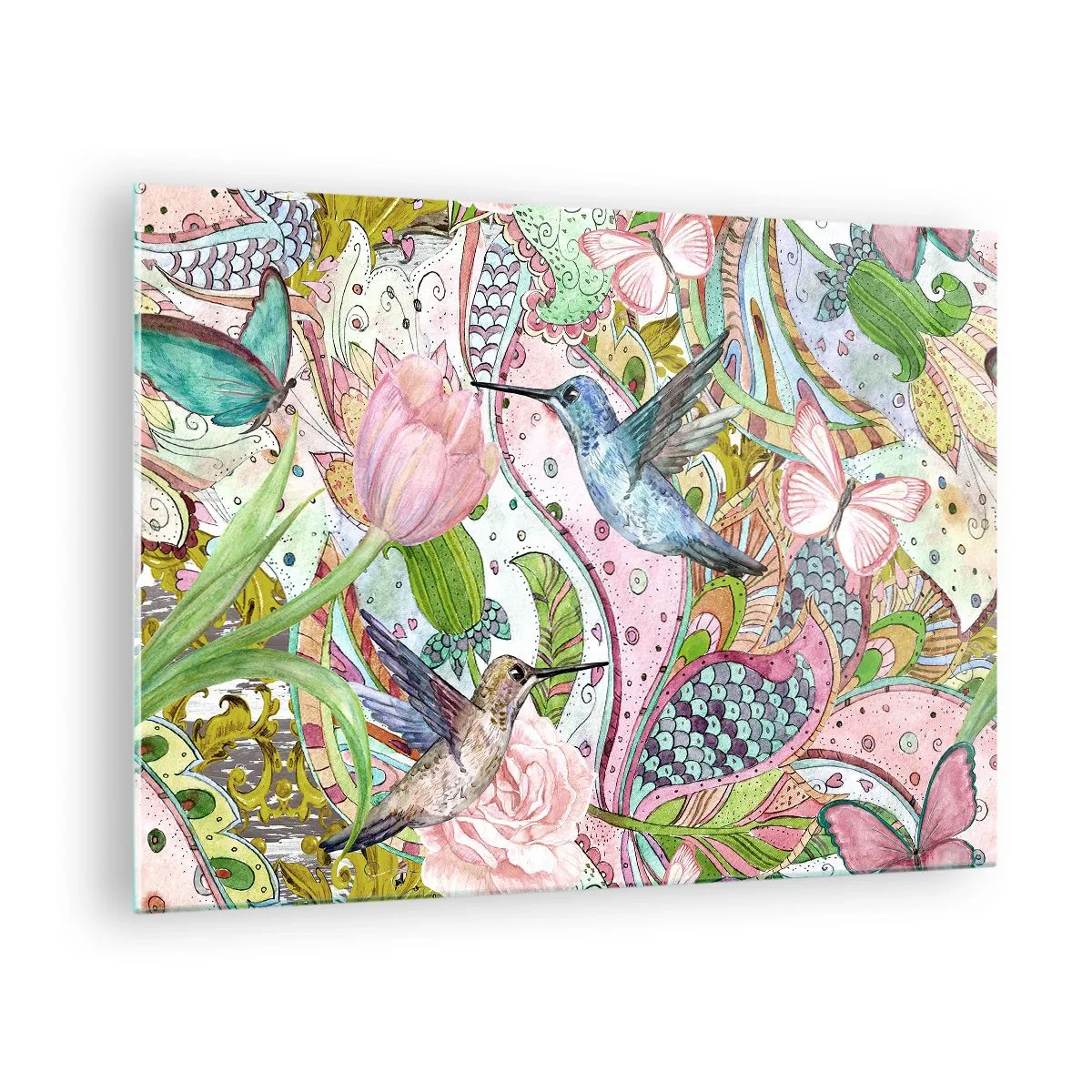 Obraz na skle - Barevní kolibříci mezi květinami a motýly - 70x50cm - Zamotané do lián - Moderní nástěnná dekorace do obývacího pokoje a ložnice ARTTOR