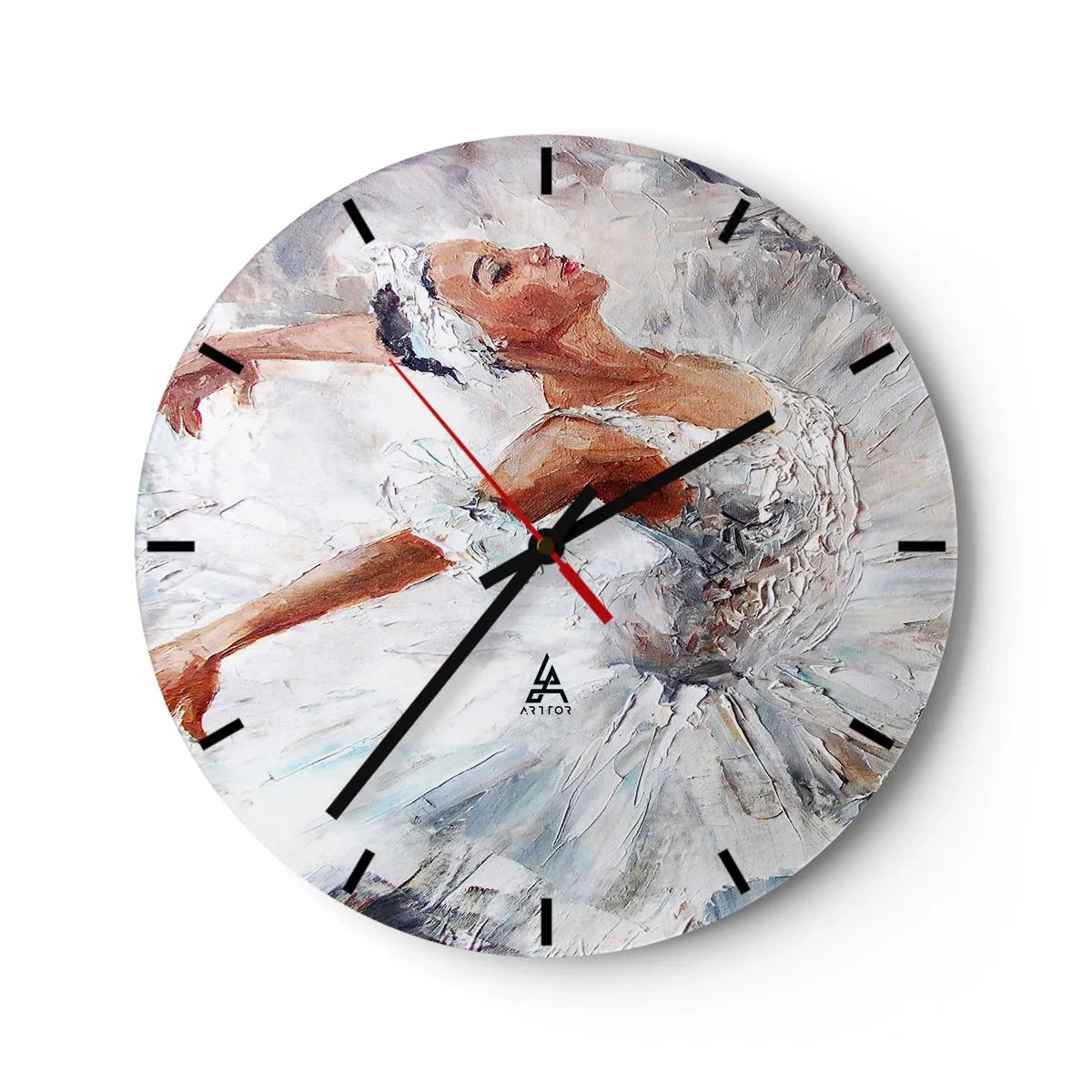 Nástěnné hodiny - Baletka v bílých šatech impresionistického stylu - 30x30cm - Jemná a lehká jako tyl - Moderní nástěnná dekorace do obývacího pokoje, kuchyně a ložnice ARTTOR