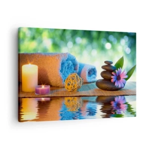 Obraz na plátně - Relaxační lázeňská sada s ručníky, svíčkami a kameny - 70x50cm - Čas pro tělo - Moderní nástěnná dekorace do obývacího pokoje a ložnice ARTTOR