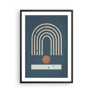 Plakát v černém rámu - Geometrické oblouky a koule na tmavém pozadí - 50x70cm - Geometrie v námořnické modři - Moderní nástěnná dekorace do obývacího pokoje a ložnice ARTTOR