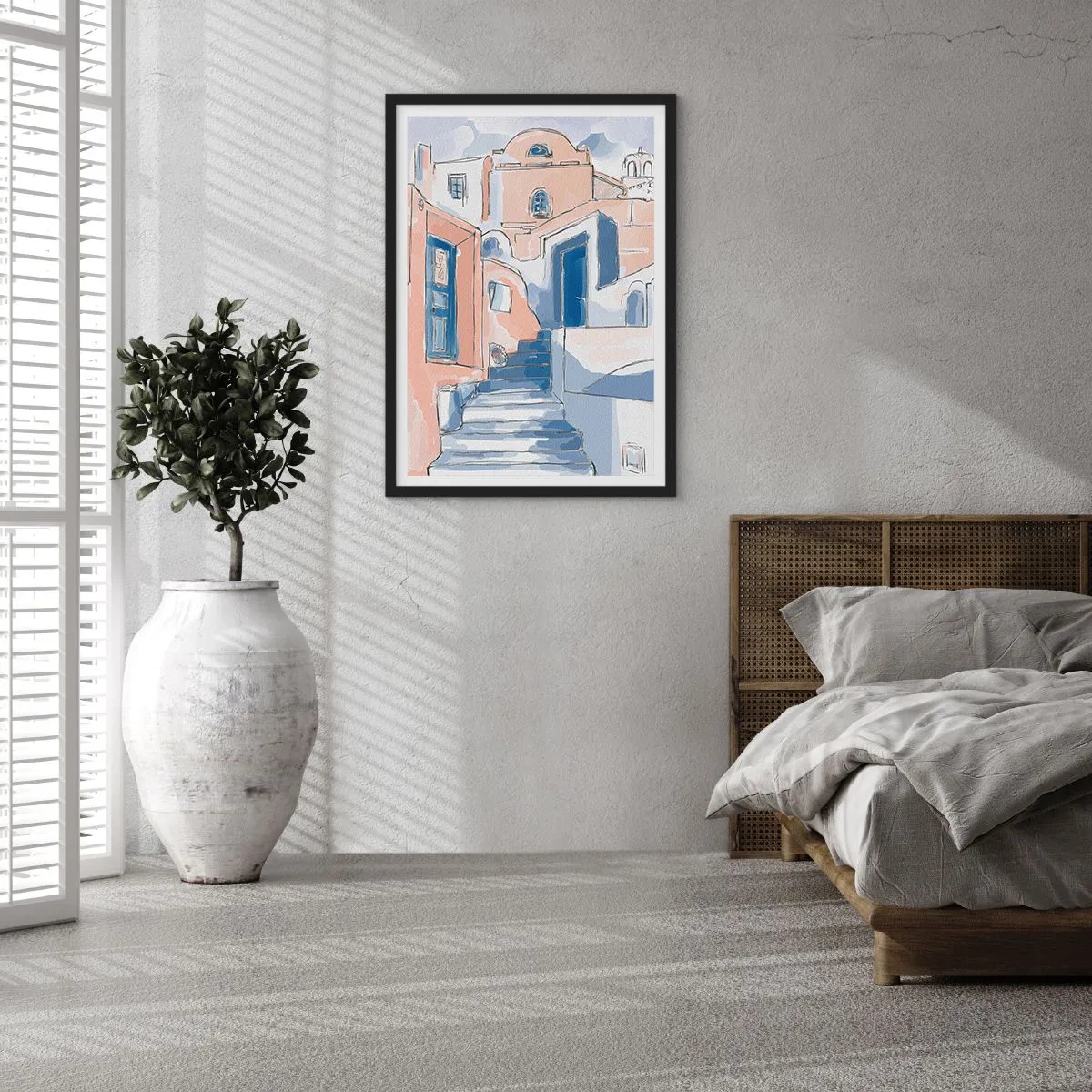Plakát v černém rámu - Malebná ulice ve středomořském stylu v odstínech modré - 50x70cm - Exotické město - Moderní nástěnná dekorace do obývacího pokoje a ložnice ARTTOR