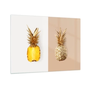 Obraz na skle - Plátky zlatavého ananasu na dvou kontrastních pozadích - 70x50cm - Ananas pro nás - Moderní nástěnná dekorace do obývacího pokoje a ložnice ARTTOR