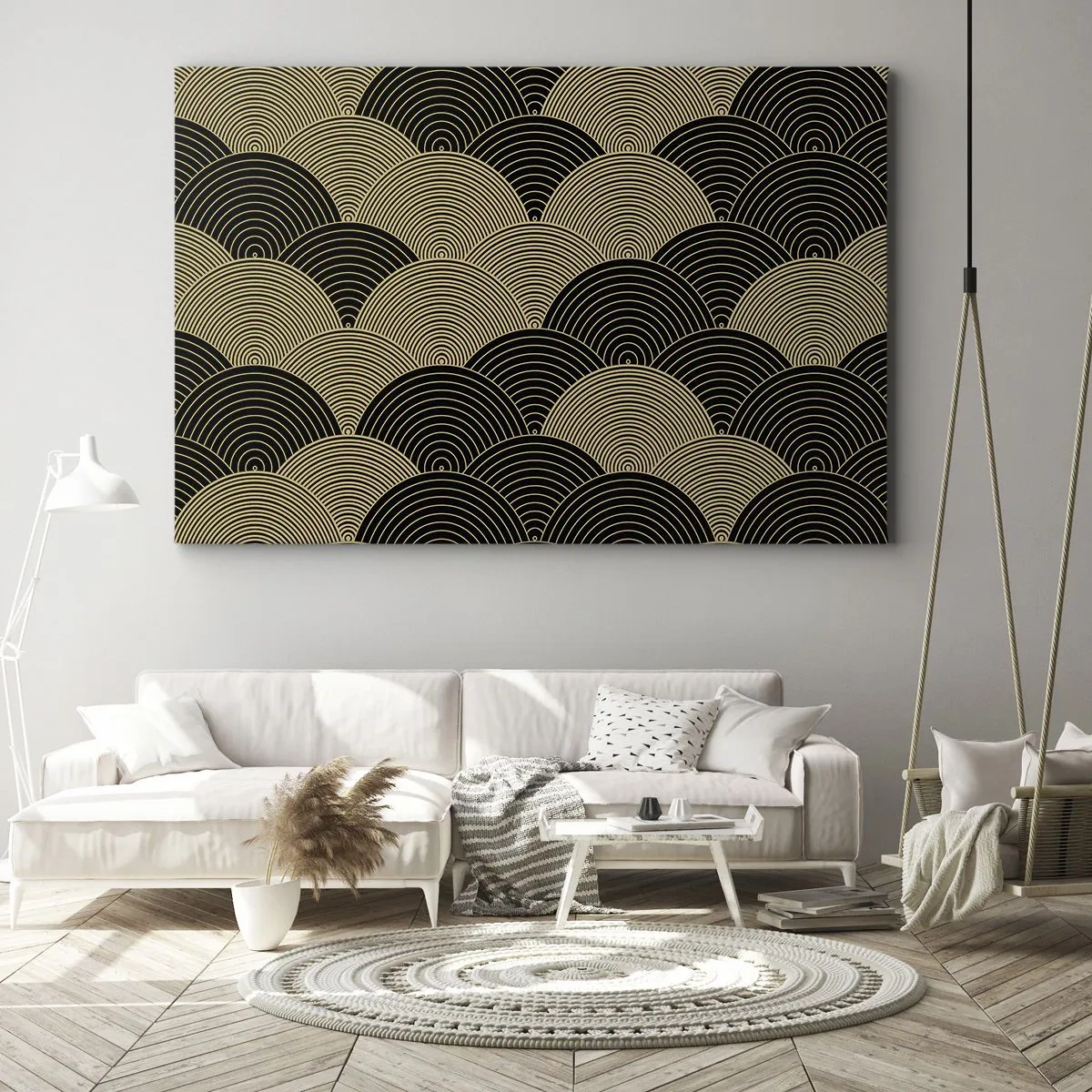 Obraz na plátně - Vzor ve stylu art deco s půlkruhy a zlatými linkami - 70x50cm - Jednota v mnohosti - Moderní nástěnná dekorace do obývacího pokoje a ložnice ARTTOR